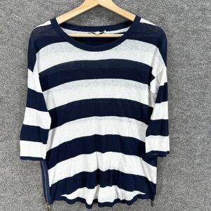 Sioni Top Women S Small Blue Striped 3/4 Sleeve Linen Round Neck Zipper Casual